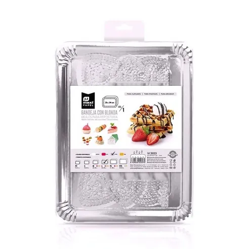 Bandeja Cartón Con Blonda Rectangular Plata 25x34cm