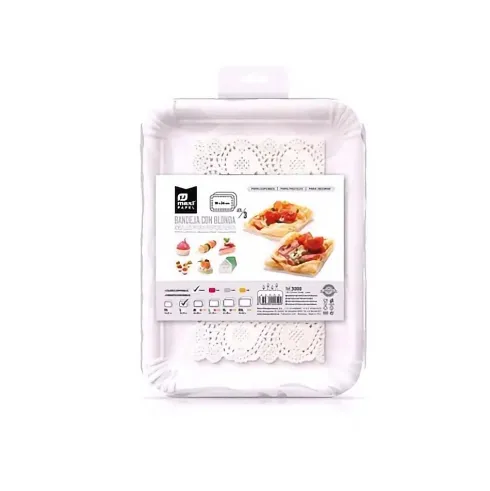 Bandeja Cartón Con Blonda Rectangular Blanca 14x21cm 4uds
