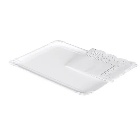 Bandeja Cartón Con Blonda Rectangular Blanca 14x21cm 4uds
