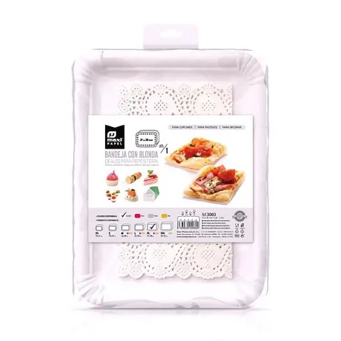 Bandeja Cartón Con Blonda Rectangular Blanca 31x38cm