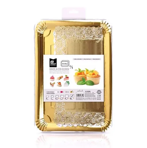 Bandeja Cartón Con Blonda Rectangular Oro 34x42cm