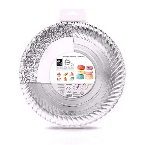 Bandeja Cartón Con Blonda Redonda Plata Ø30cm