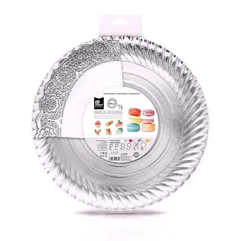 Bandeja Cartón Con Blonda Redonda Plata Ø35cm