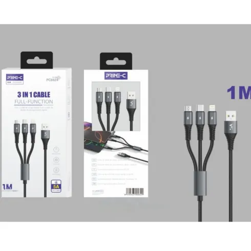 Cable 3 en 1 USB-A a USB-C, Lightning y Micro 1M 5A Negro