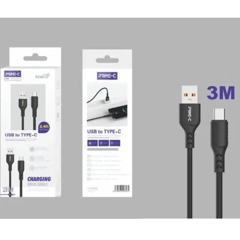Cable USB-A a USB-C PVC 3M 3.4A Negro