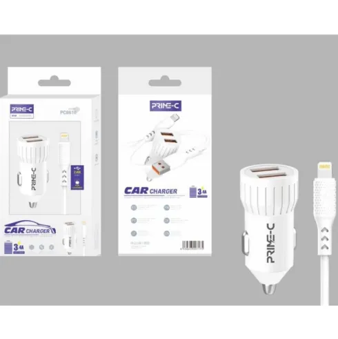 Cargador de Coche Doble USB Con Cable USB-A a Lightning 3.4A Blanco