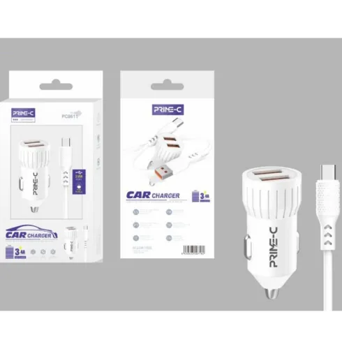 Cargador de Coche Doble USB Con Cable USB-A a USB-C 3.4A Blanco