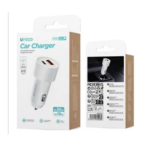Cargador de Coche 2 Puertos PD 30W y QC 18W Blanco