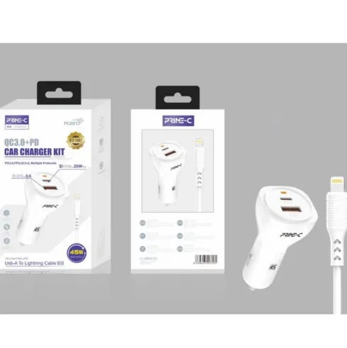 Cargador de Coche QC 3.0 y PD Con Cable USB-A a Lightning 1M 45W Blanco