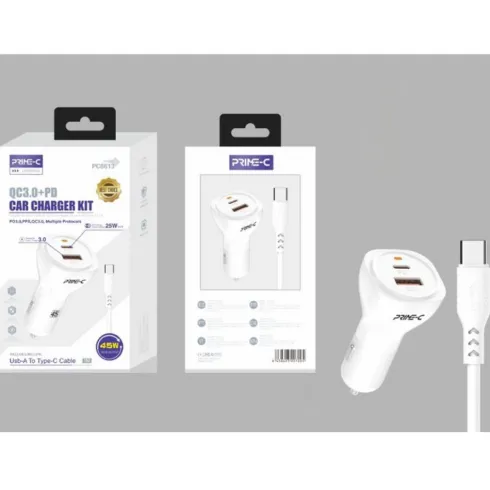 Cargador de Coche QC 3.0 y PD Con Cable USB-A a USB-C 1M 45W Blanco