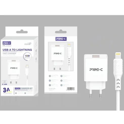 Cargador Rápido Doble USB Con Cable USB-A a Lightning 1M 3A Blanco