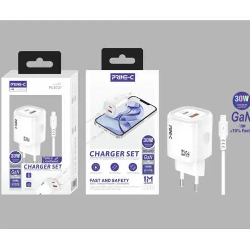 Cargador Rápido GaN Doble USB Con Cable USB-C a Lightning 30W Blanco