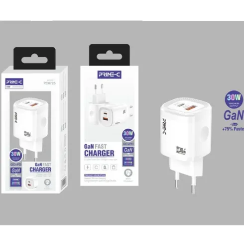 Cargador Rápido GaN USB-A y USB-C 30W Blanco