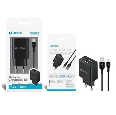 Cargador Viaje 2 Puertos Con Cable USB-A a Tipo C 1M 2.4A Negro