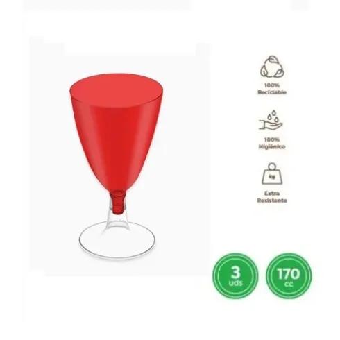Copa Agua/Vino Reutilizable Roja y Pie Transparente 170cc