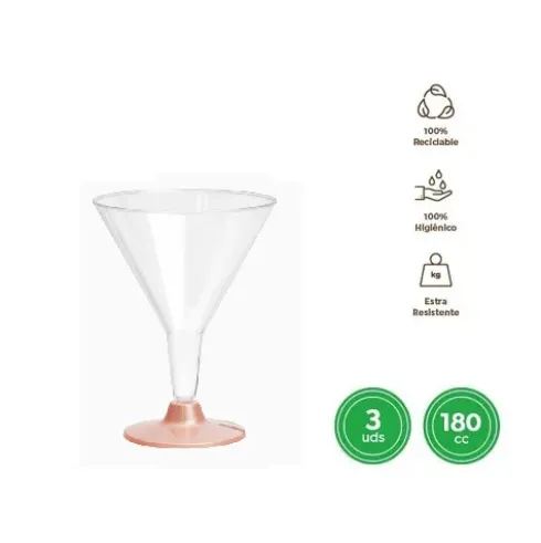 Copa Cocktail Reutilizable Transparente y Pie Oro Rosa 180cc
