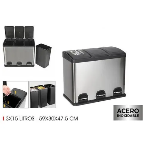 Cubo Reciclaje SS C/Pedal 3X15L
