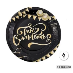 Platos Cartón Feliz Cumple Negro/Oro 23cm