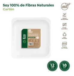Platos Llano Cuadrado Biodegradable Blanco 18x18cm