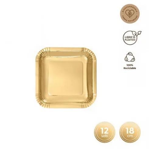 Platos Llano Cuadrado Oro Metalizado 18cm