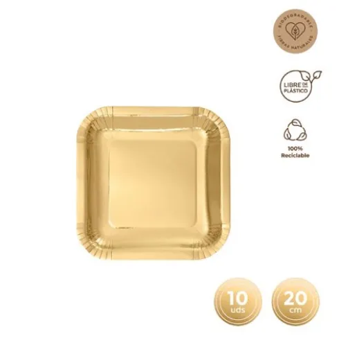 Platos Llano Cuadrado Oro Metalizado 20cm