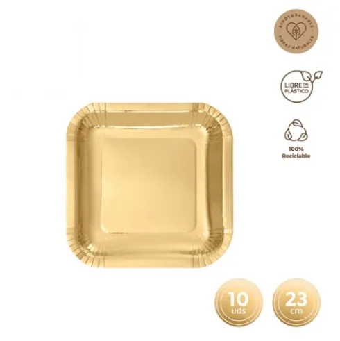 Platos Llano Cuadrado Oro Metalizado 23cm