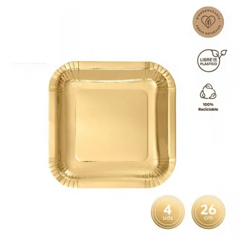 Platos Llano Cuadrado Oro Metalizado 26cm