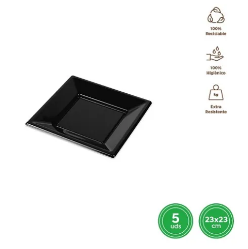Platos Llano Cuadrado Reutilizable Negro 23X23CM