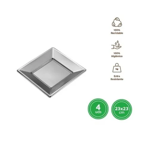 Platos Llano Cuadrado Reutilizable Plata Metalizado 23X23CM