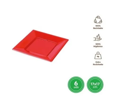 Platos Llano Cuadrado Reutilizable Rojo 17X17CM