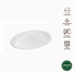 Platos Llano Oval Reutilizable Blanco 27X21CM