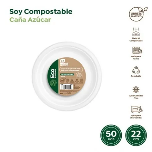 Platos Llano Redondo Compostable Caña de Azúcar 22cm