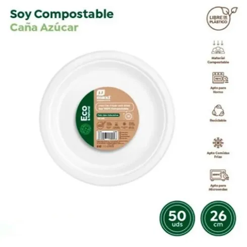 Platos Llano Redondo Compostable Caña de Azúcar 26cm