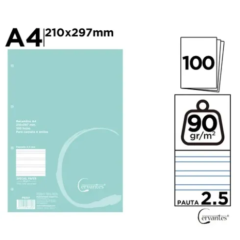 Recambio A4 90g/m2 100H Pauta 2.5MM