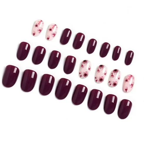 Uñas Postizas Desmontables Vino Rojo 24pcs