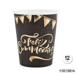 Vasos Cartón Feliz Cumple Negro/Oro 250ml